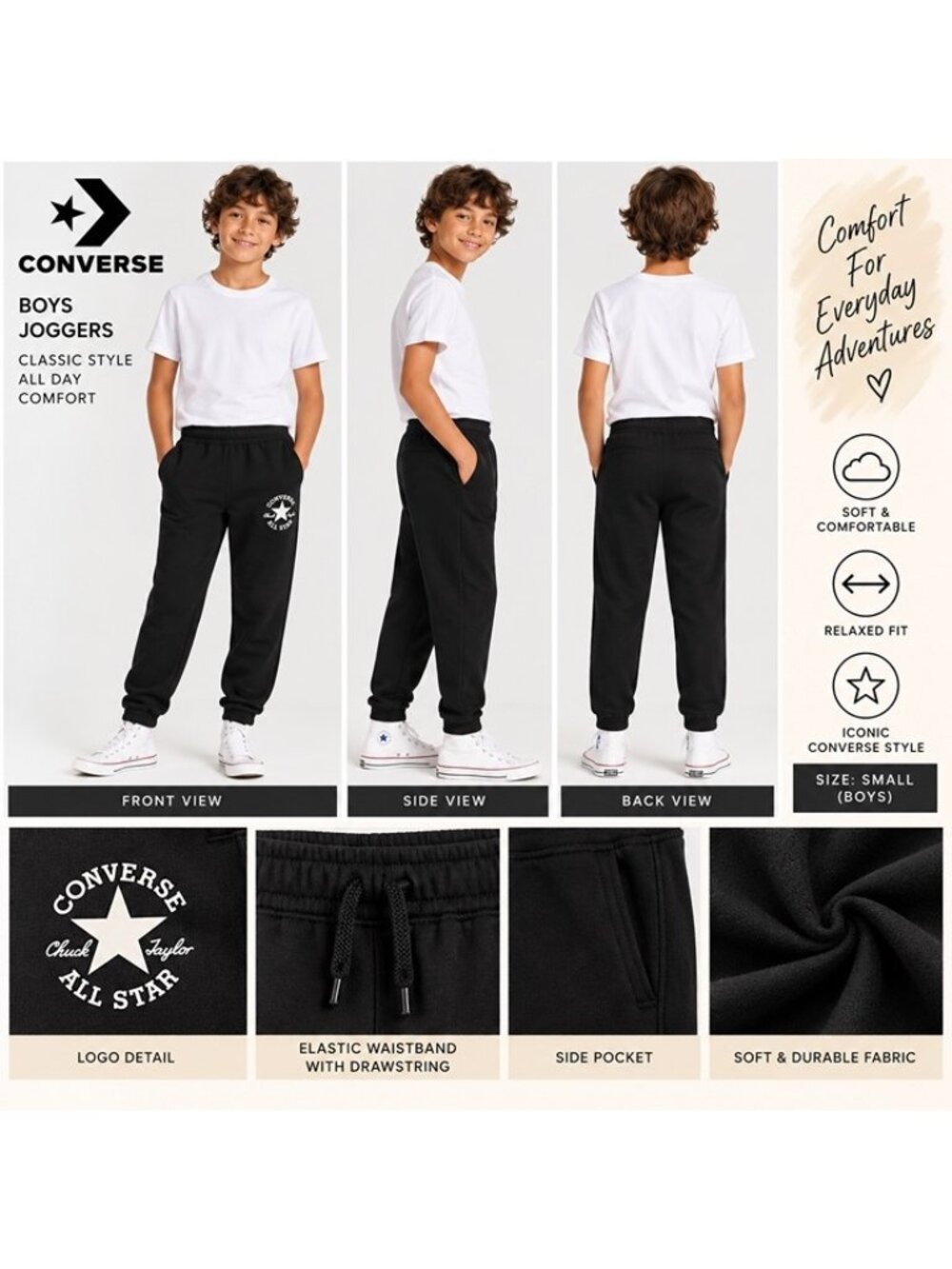 Converse Boys French Terry Jogger Pants Black Size Small S Logo NWT